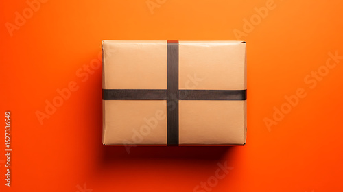 Brown Cardboard Box on an Orange Background With Black Strap, Ready for Shipping or Delivery in a Modern Setting