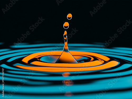 Water Droplet Creates Circular Ripples in Vibrant Blue and Orange Tones During a Close-Up Moment