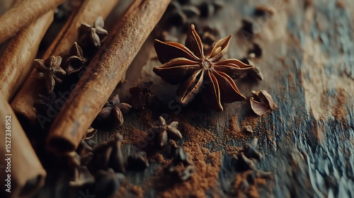 Spices and Herbs Scattered on Rustic Wooden Surface Showcasing Natural Textures and Colors in Cozy Kitchen Setting