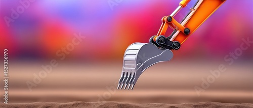 Excavator bucket poised over ground