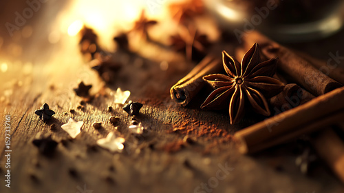 Spices Arranged on Wooden Surface With Warm Lighting Creating a Cozy Atmosphere in a Kitchen Setting