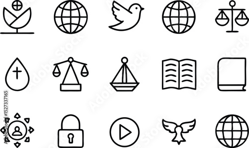 Outline icon set with dove, earth, antenna, balance, book on transparent background