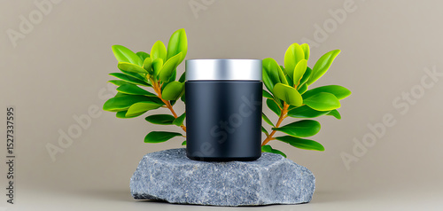 Elegant Black Canister on Natural Stone With Green Foliage, Showcasing Modern Design and Minimalism in a Decorative Arrangement