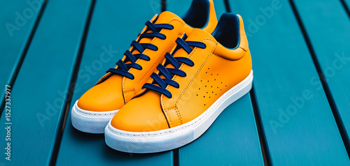 Bright Orange Sneakers Displayed on a Teal Wooden Surface Under Bright Lighting in a Casual Environment