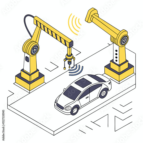 High-Tech Robotic Car Assembly with Yellow Accents – Clean Vector, Adobe Illustrator Artwork