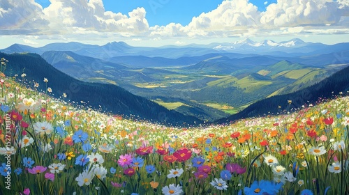 Vibrant Wildflower Meadow Overlooking Scenic Mountain Valley Under Blue Sky

