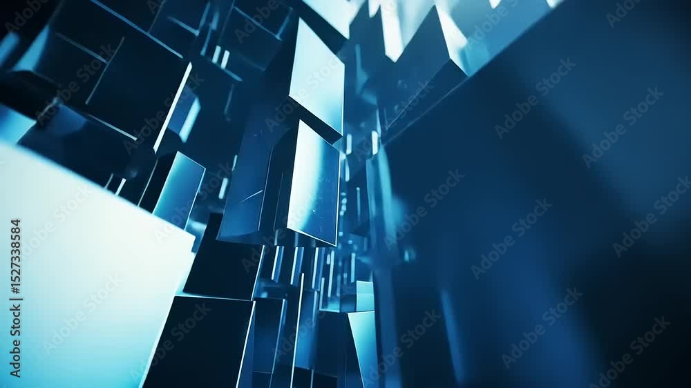 Abstract blue geometric structures creating a futuristic atmosphere with light reflections