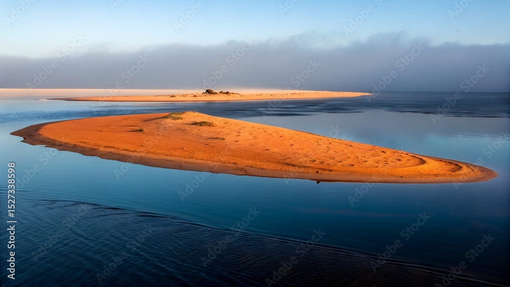 Fototapeta premium Serene sunrise over a tranquil coastal landscape featuring a small orange sand island in calm blue waters a picturesque scene of nature's beauty ideal for travel and nature photography