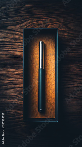 Elegant Black Pen Resting in a Sleek Box on a Wooden Surface Illuminated by Soft Light