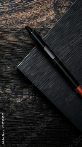 Elegant Black Pen Resting on a Textured Notebook Against a Dark Wooden Background During a Creative Writing Session