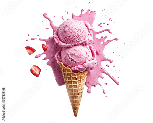 Strawberry ice cream cone with splash photography