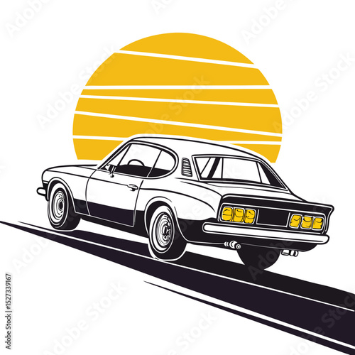 Rear Angle of Sunset Drive – Classic Car with Yellow Touches Vector, Adobe Illustrator Artwork