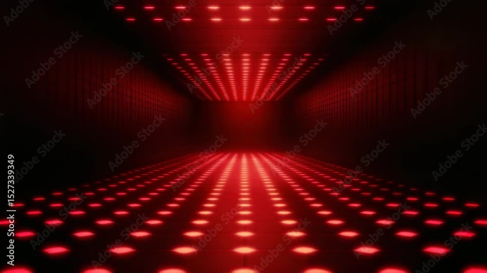 Red light tunnel with glowing dots floor and ceiling creating futuristic and dynamic pattern illuminated dark space, red light dots pattern create futuristic tunnel effect with glowing floor
