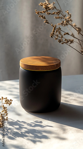 Modern Black Container With Wooden Lid Displayed on a Table Beside Dried Flowers During Afternoon Sunlight
