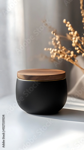 Decorative Black Container With Wooden Lid Placed on a White Surface Near Dried Floral Arrangement in Soft Afternoon Light