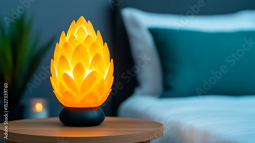 Stylish Decorative Lamp Glowing on a Wooden Table in a Modern Bedroom During Evening Relaxation Time