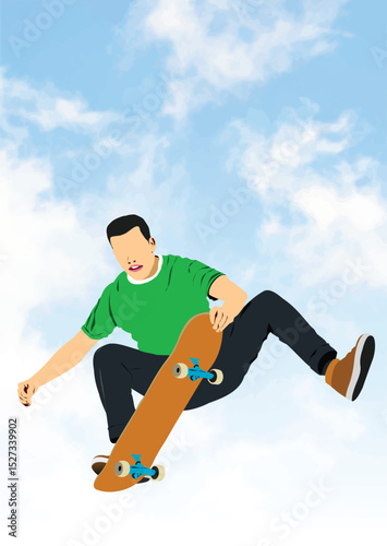 032-23-Young man skateboarding, performing a trick in the air against a cloudy blue sky. Hand drawn illustration