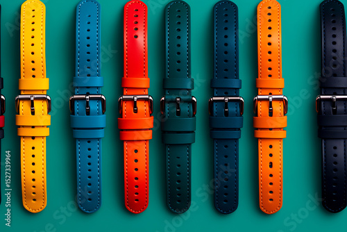 Colorful Collection of Watch Straps Displayed on a Vibrant Green Background in a Stylish Arrangement