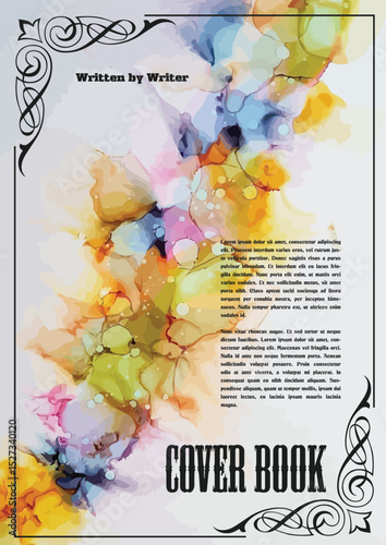 032-26-Vibrant and abstract watercolor painting adorns a book cover, blending artistic expression with classic design elements. Hand drawn illustration