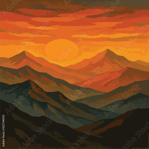 sunset in mountains with colour paint