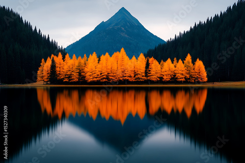 Autumn Foliage Reflects on a Serene Lake With a Mountain Backdrop During Twilight