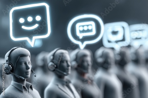 Glowing Speech Bubbles Icons Above Group of Call Center Agents with Headsets in Modern Style