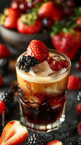 Indulge in this vibrant whipped coffee latte served in a decorative glass, garnished with fresh berries. Perfect for summer gatherings or cozy moments.