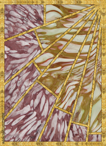 Leaded pane. Modern mosaic, inlay. Stained glass window for interior design. Art deco background. Geometric pattern. Marble texture. Print for T-shirts, linens, textile.