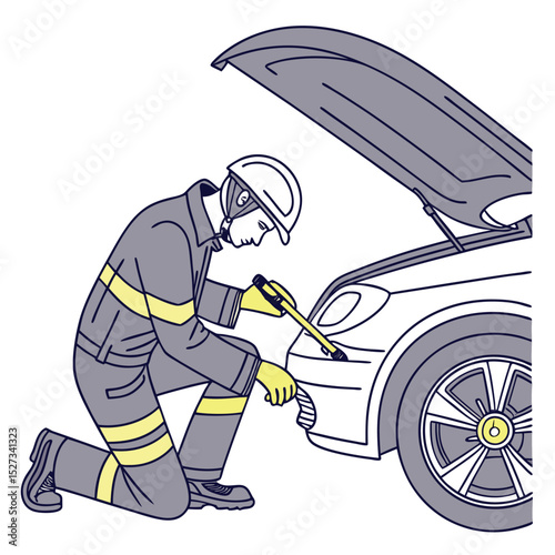 Auto Technician in Gear – Engine Work Vector with Yellow Tools Adobe Illustrator Artwork