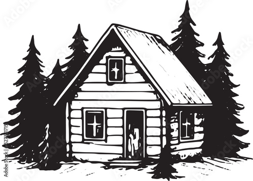 A cozy wooden cabin with a chimney sits among towering pine trees. It features a triangular roof, a small window above the door, and a cross-shaped decoration, creating a rustic, peaceful retreat