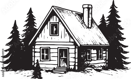 A cozy wooden cabin with a chimney sits among towering pine trees. It features a triangular roof, a small window above the door, and a cross-shaped decoration, creating a rustic, peaceful retreat