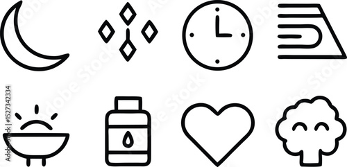 Wellbeing Icons Set Featuring Moon, Gemstones, Clock, Sauna, Serum, Heart, Plant