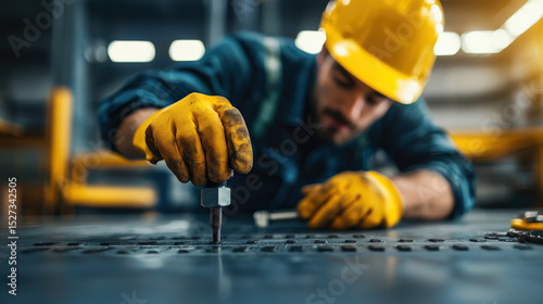 Focused image of worker using hydraulic jack to lift metal sheet, wearing yellow hard hat and gloves, in industrial setting. scene conveys concentration and precision