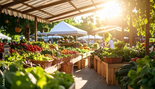 Sunny Outdoor Farmers Market with Colorful Fruits and Vegetables