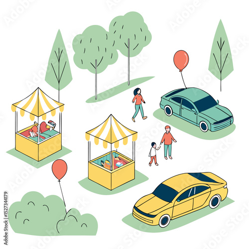Family Outdoor Car Fair – Yellow Booths and Park Gathering Adobe Illustrator Artwork