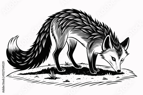Intricate Line Art Drawing of a Fox Searching for Food