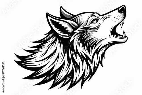 Majestic Howling Wolf Head Black and White Illustration