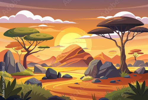 African savanna sunset landscape with acacia trees and rocks