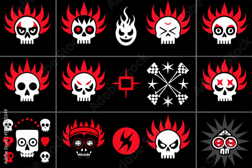 Collection of Fiery Skull and Crossbones Pixel Art Icons