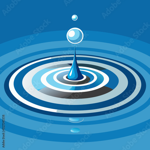 Water droplet falling creating concentric ripples on blue water surface