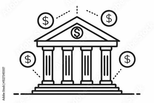 Classic Bank Building with Surrounding Dollar Signs Illustrating Financial Services
