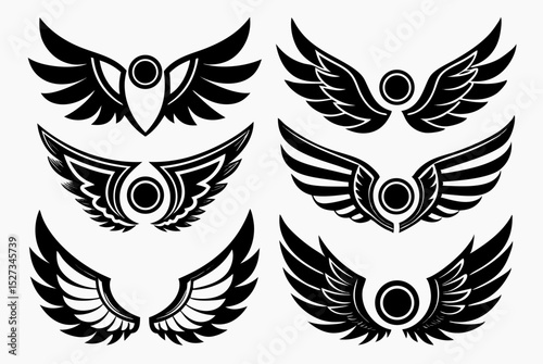 Six Unique Black and White Wing Designs with Central Circle