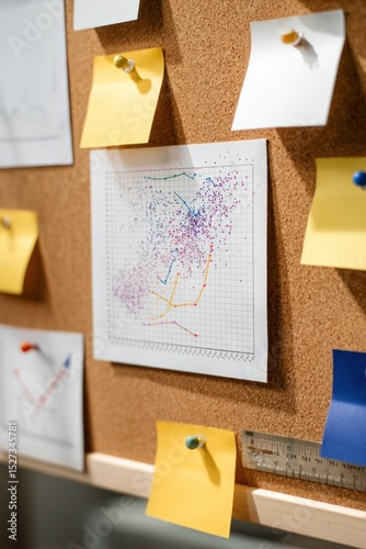 A close up of a cork board with notes, a graph, and a ruler attached to it with push pins visible