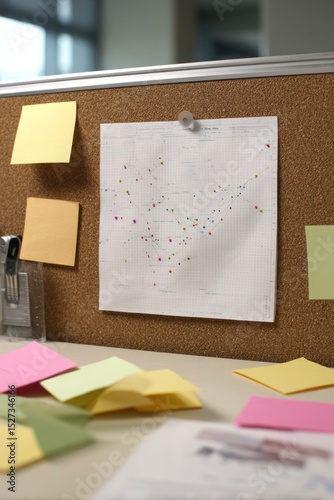 A corkboard with sticky notes and a map attached to it in an office setting with a stapler nearby