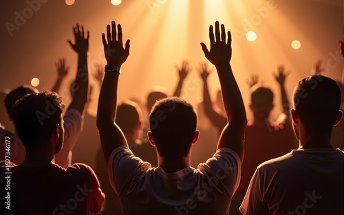 Group of people raising their hands while praying inside the church. High quality