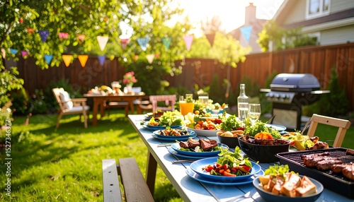 Sunny Backyard Barbecue with Grilled Food and Festive Decorations