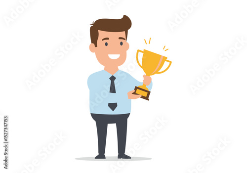 A cartoon man in a shirt and tie holds a golden trophy with a smiling expression