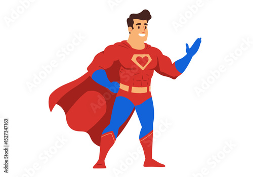 A cartoon man a superhero wearing a red suit a cape and blue tights He is smiling and raising his hand