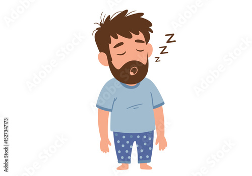 A cartoon man with brown hair and beard snores wearing pajamas