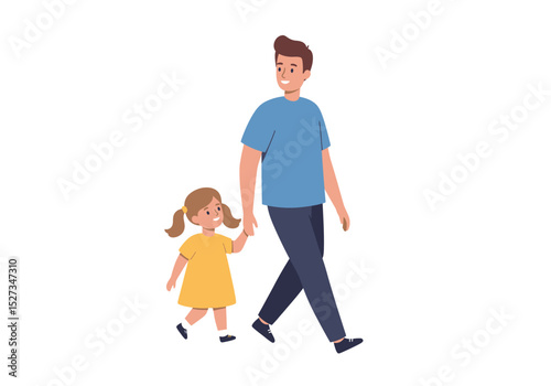 A father and daughter walking handinhand smiling against a white background